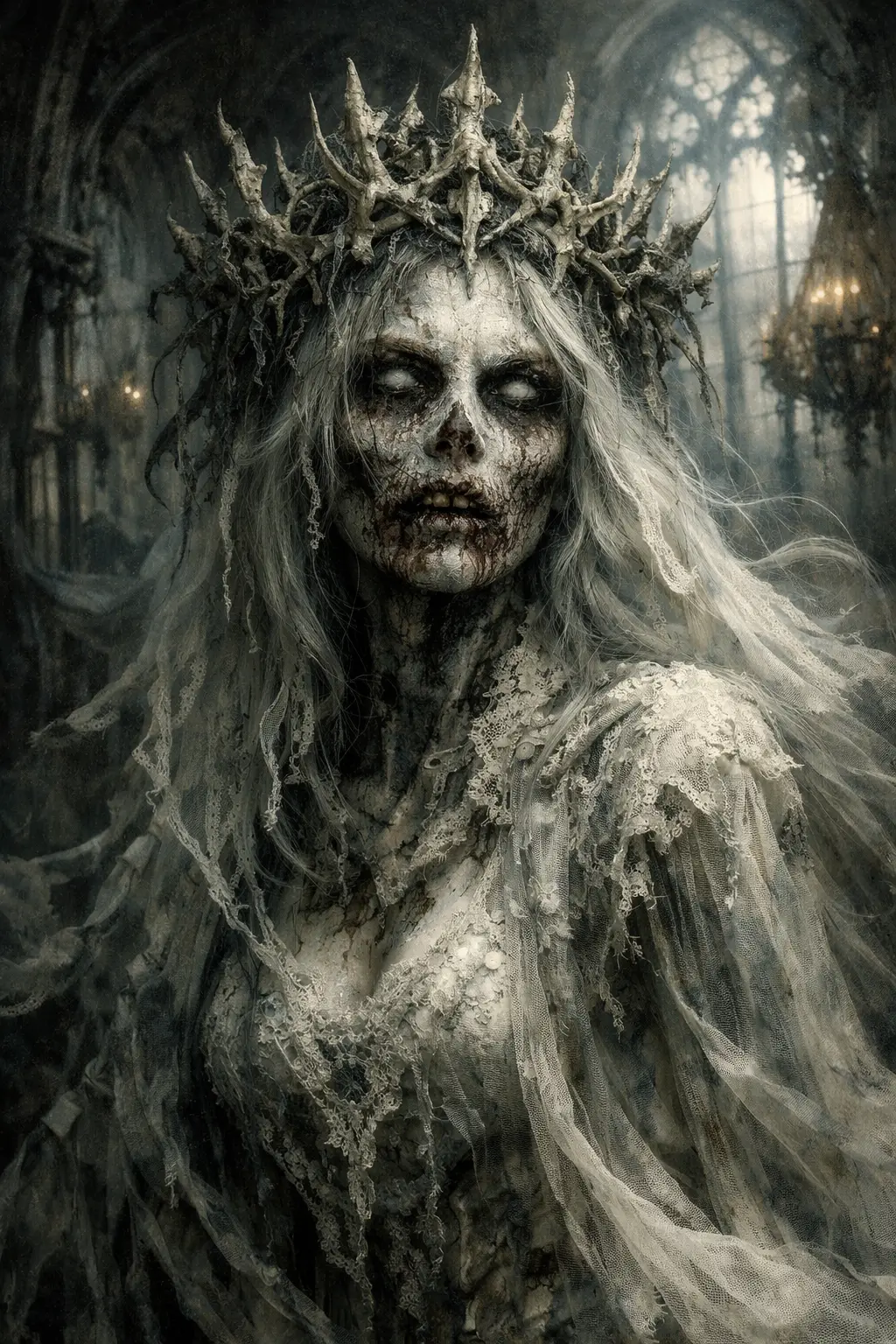 Ghostly zombie queen in a ruined gothic ballroom