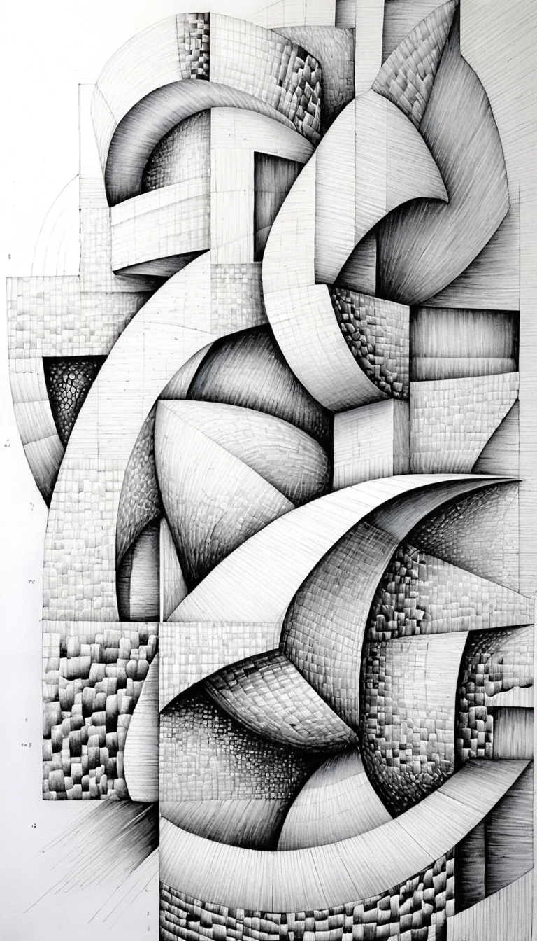 Intricato disegno astratto architettonico a inchiostro in bianco e nero