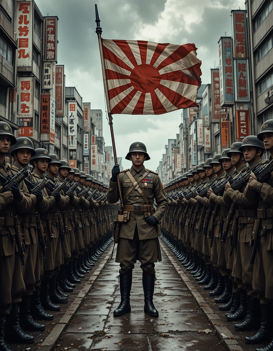 Soldados japoneses en formación con bandera en calle de ciudad