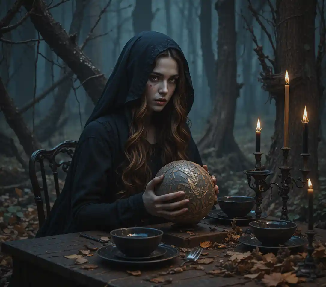Misteriosa donna incappucciata in una foresta gotica nebbiosa