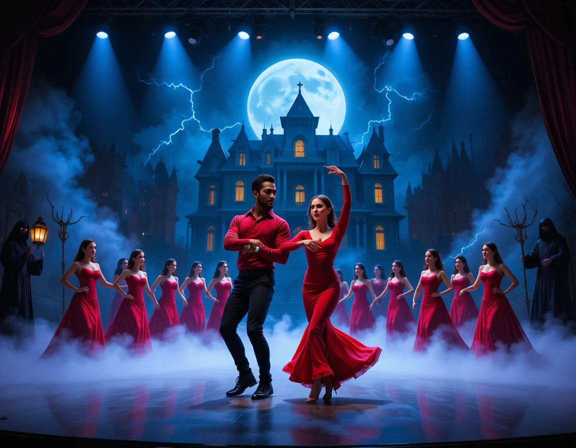 Halloween stage dancers under moonlit haunted mansion backdrop