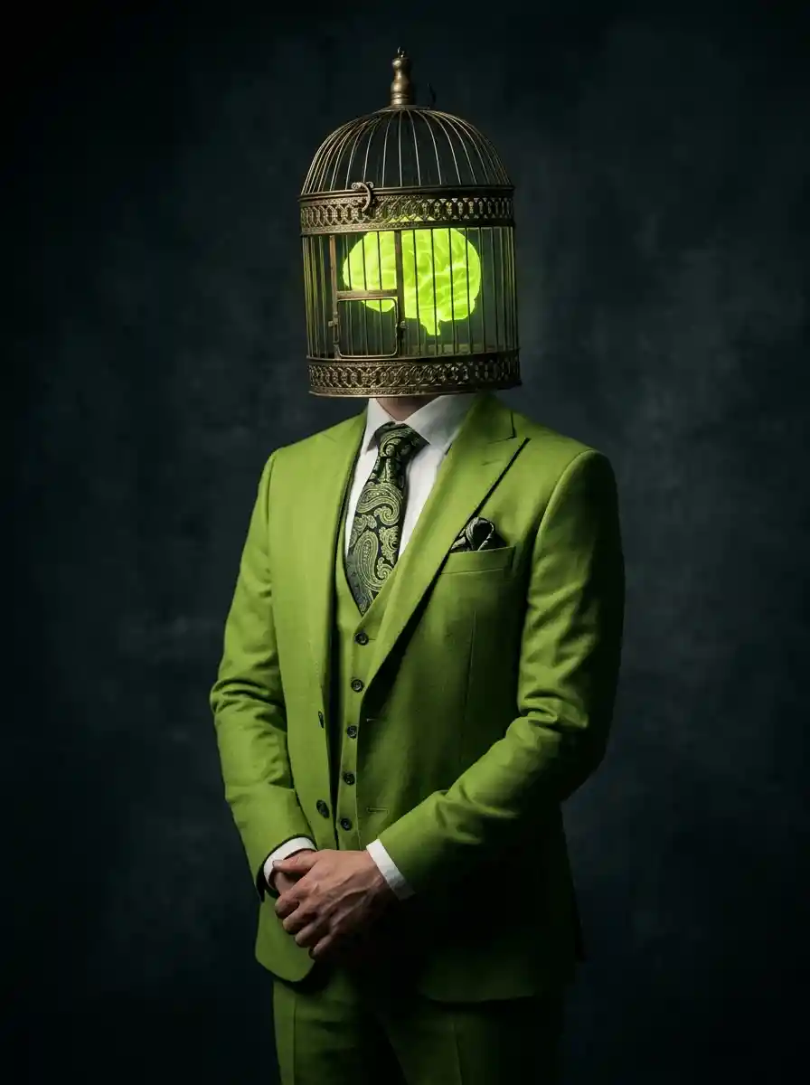 Uomo surreale in completo verde lime con cervello luminoso in gabbia