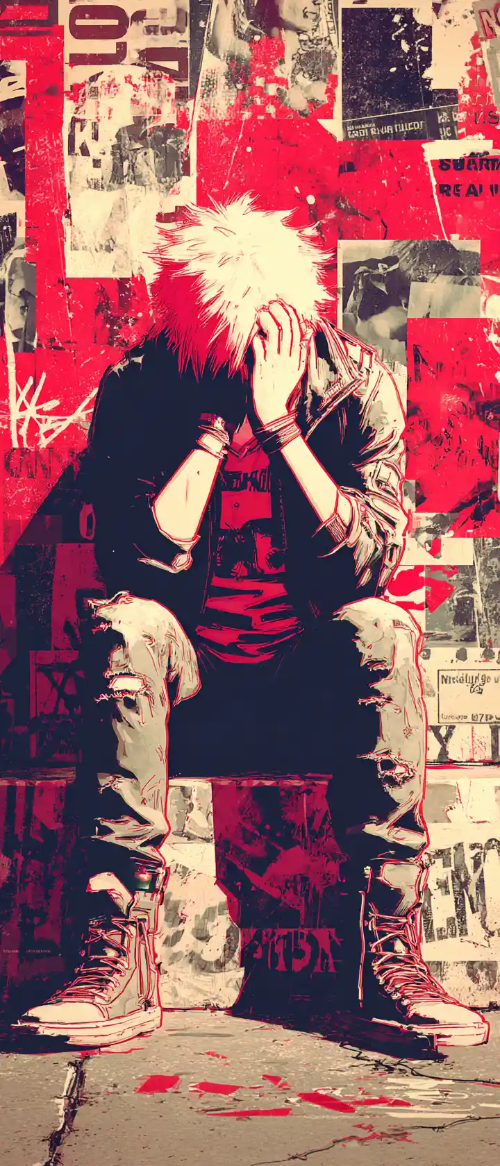 Rebelde de anime chorando na calçada da cidade com parede de colagem punk