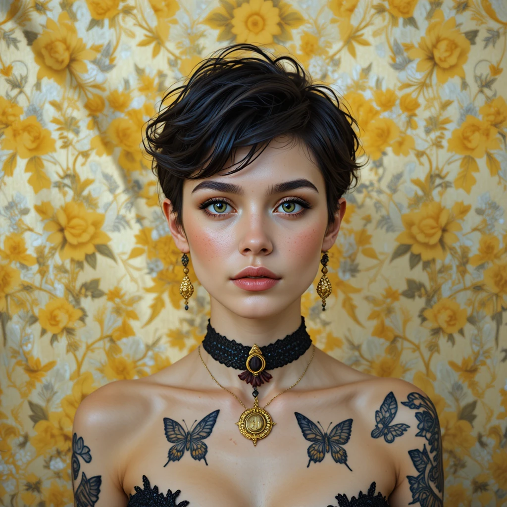 Green eyed girl portrait with tattoos and golden jewelry