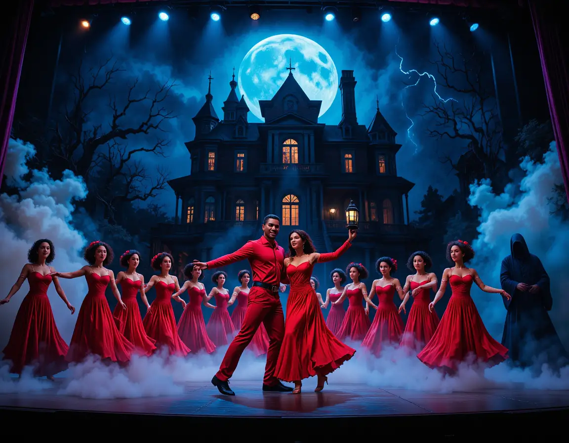 Ballerine in rosso su un palco teatrale di Halloween inquietante