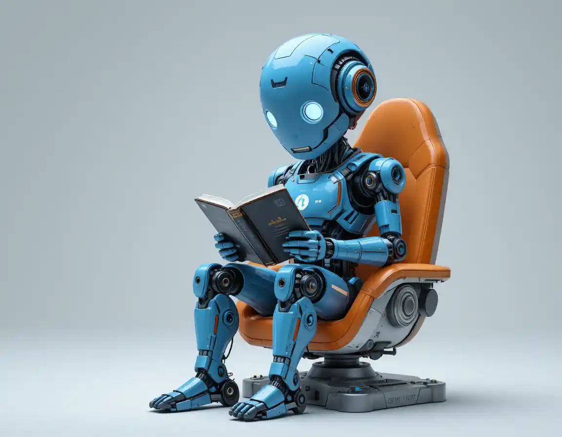 Humanoider Roboter liest ein Buch auf einem futuristischen Stuhl