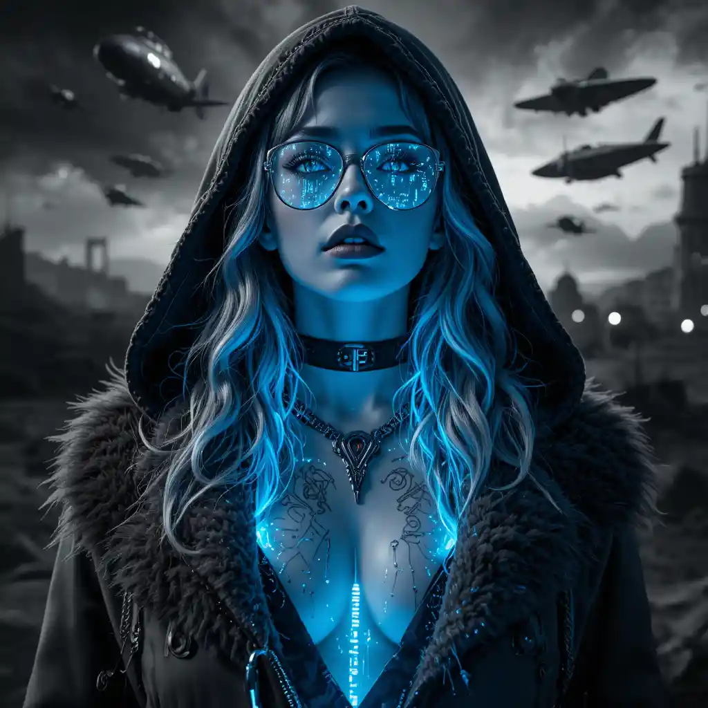 Donna cyberpunk con cappotto aviator blu in ritratto noir