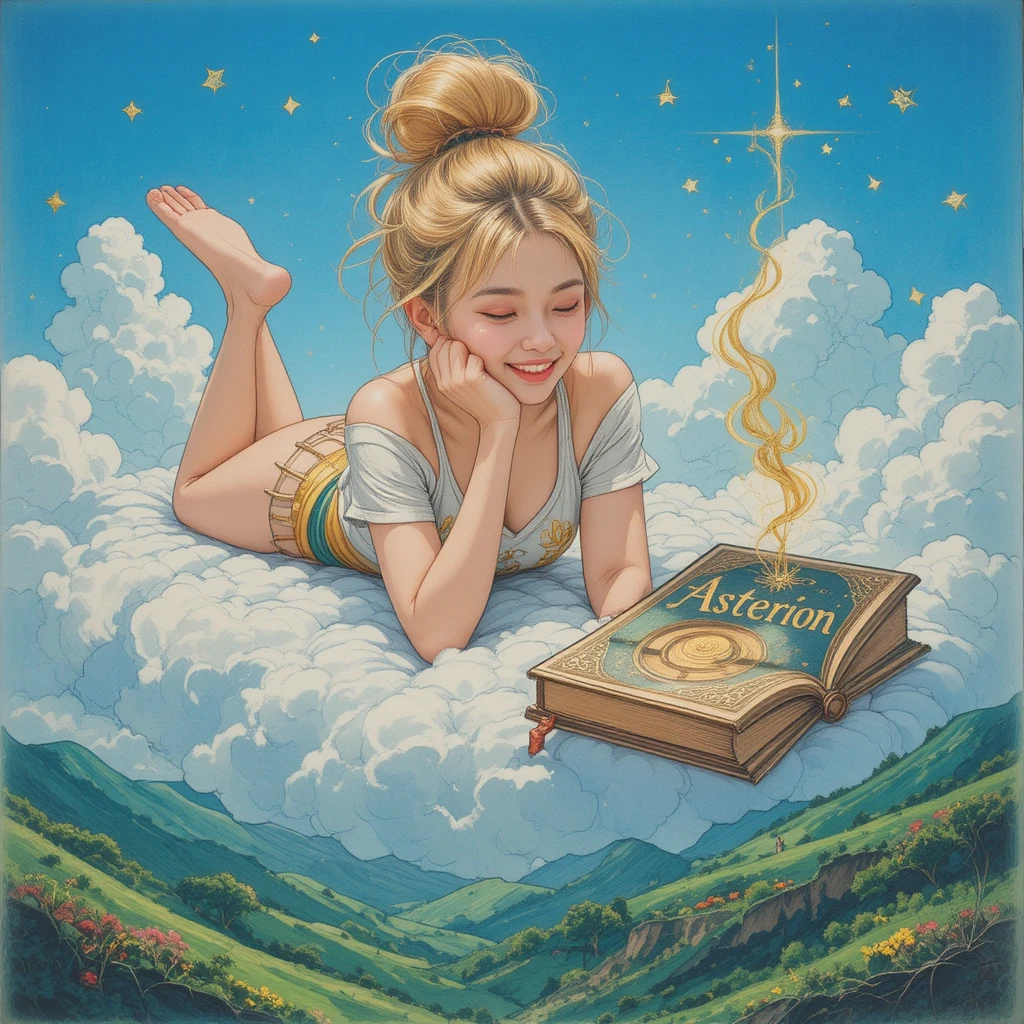 거친 초록 풍경 위 구름에 누운 신비로운 금발 여성