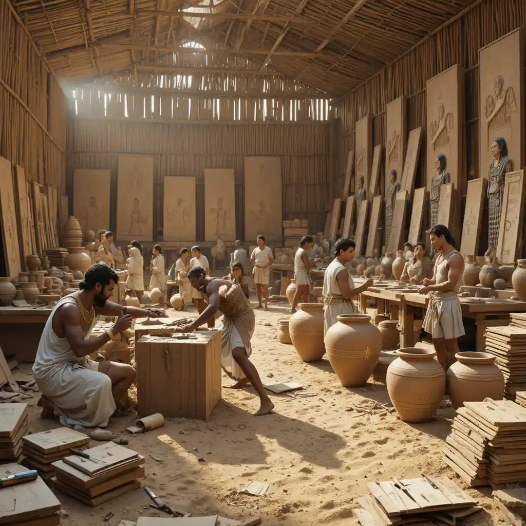 Ancient Egyptian artisans working in a busy reed workshop