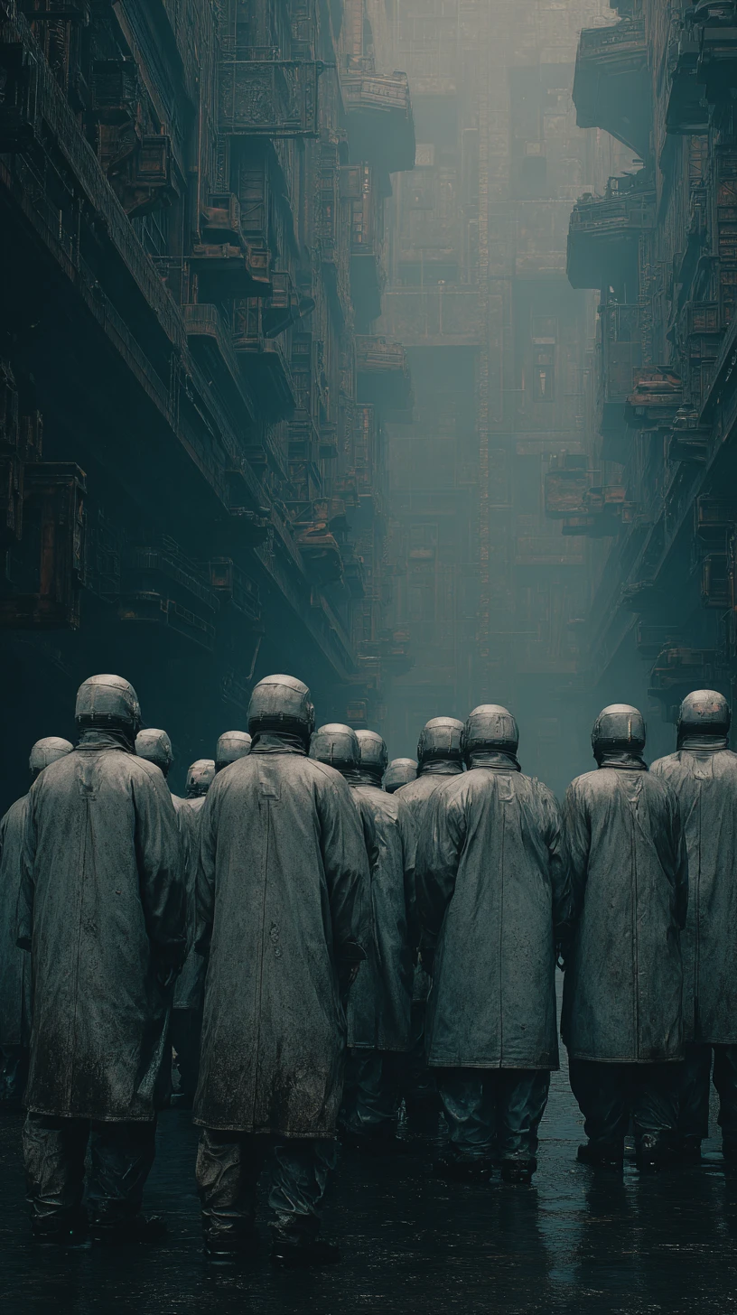 Gruppo di figure ridotte in schiavitù in un cupo scenario sci‑fi industriale