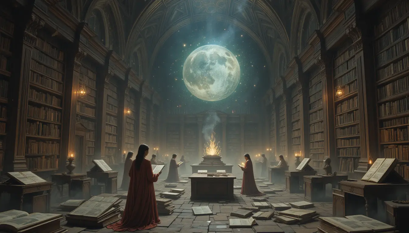 Antigua biblioteca con mapas celestiales y figuras etéreas con túnicas