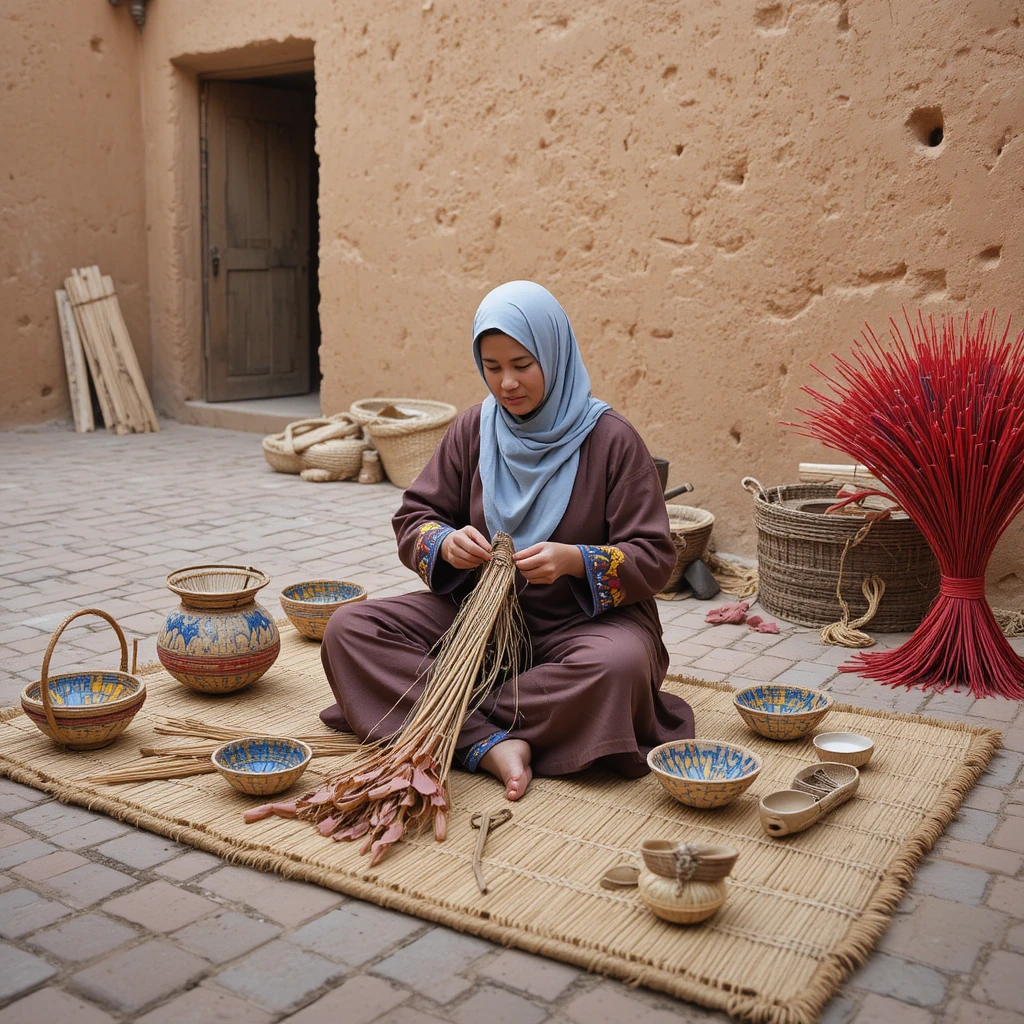 Woman weaving a basket on a mat in a sunlit courtyard