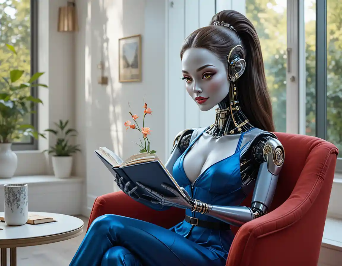 Humanoid robot reading a book in a futuristic chair