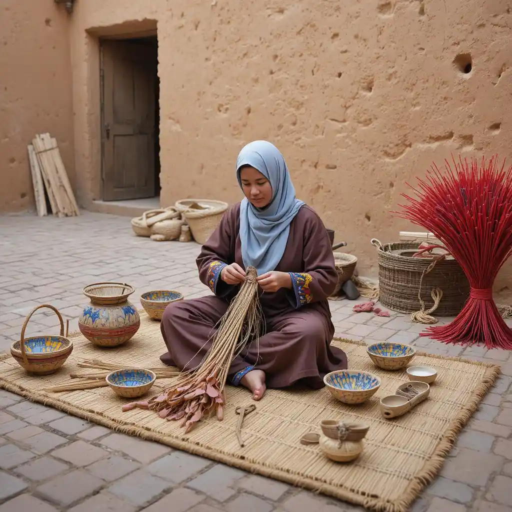 Woman weaving a basket on a mat in a sunlit courtyard