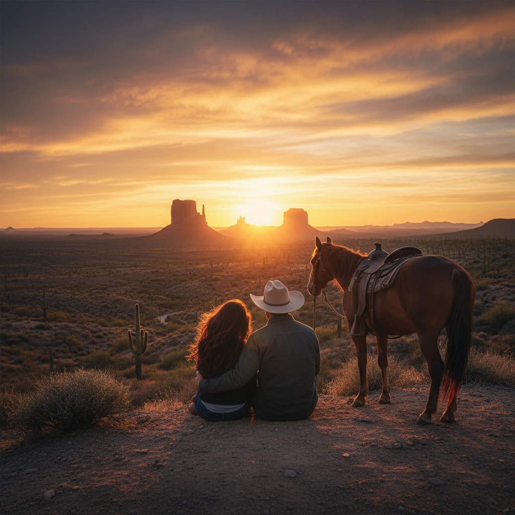Pareja mirando el atardecer junta en una cresta del desierto de Arizona