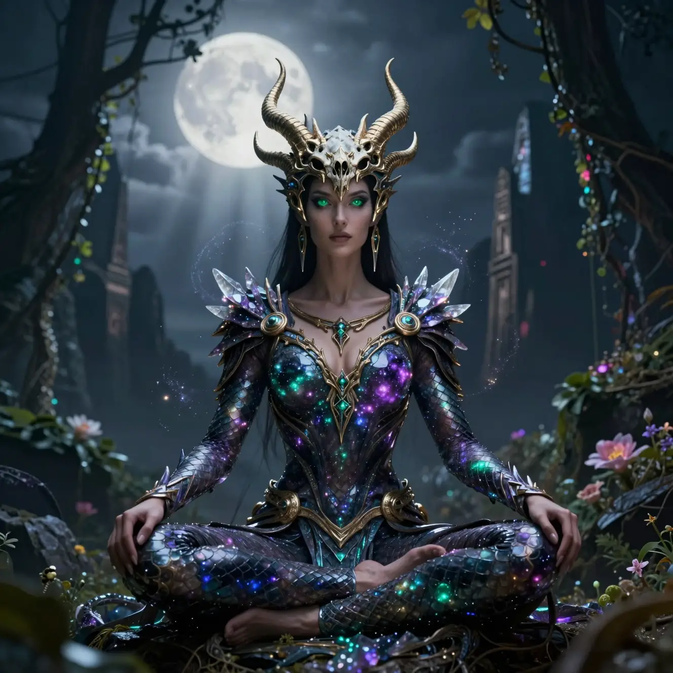 Moonlit druid woman meditating in crystalline dragon armor