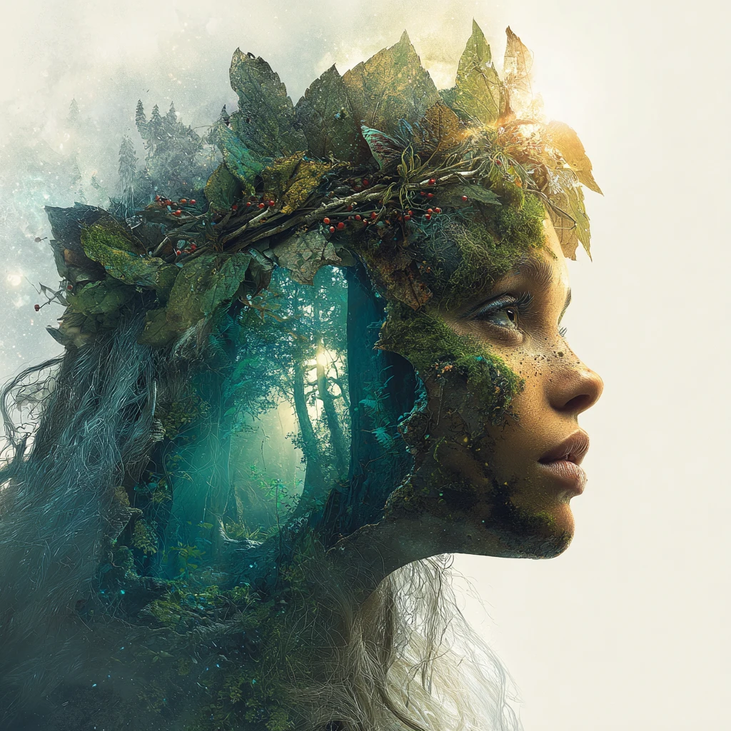 Surreal woman portrait fused with luminous ancient forest