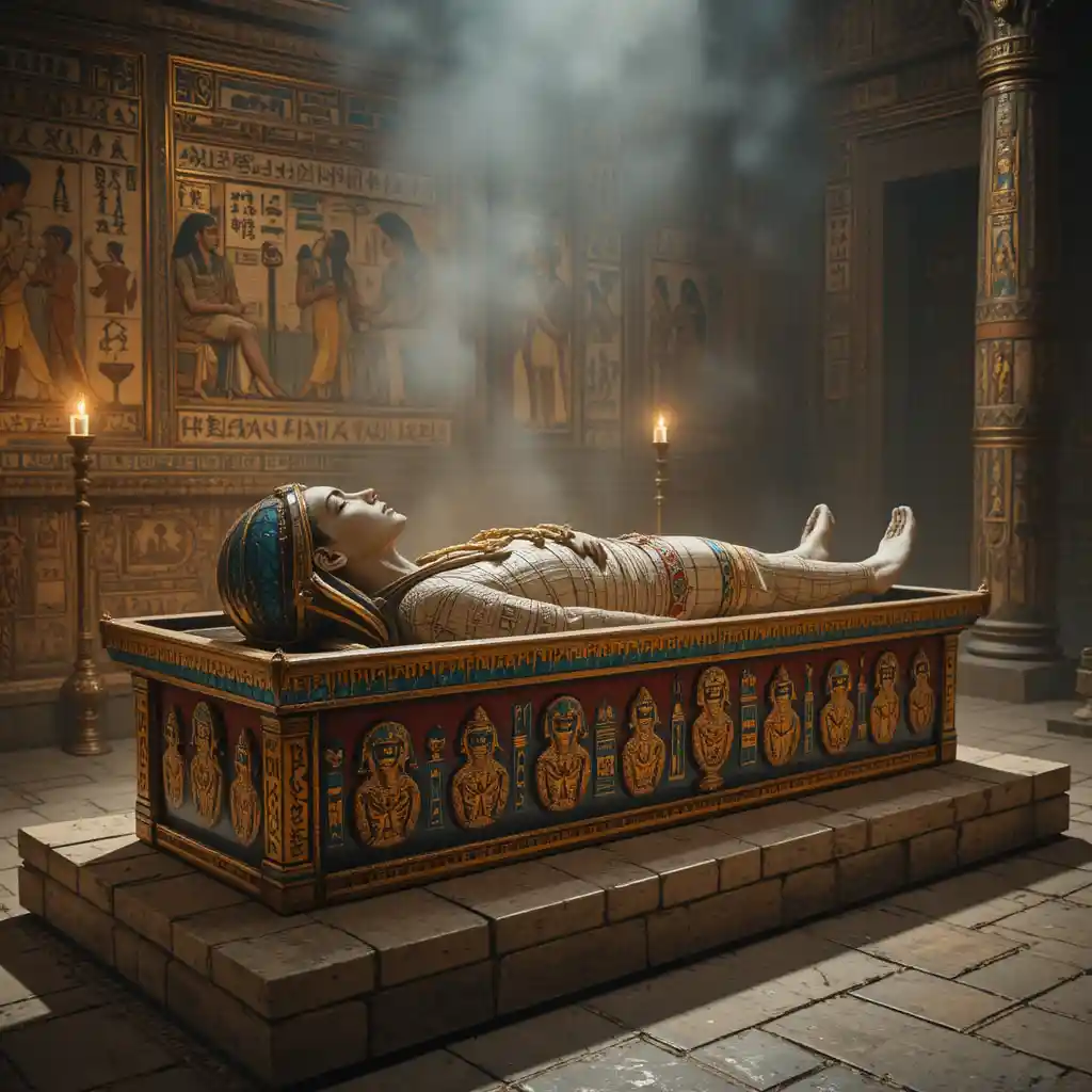 Regina egizia mummificata che riposa in una tomba di pietra decorata