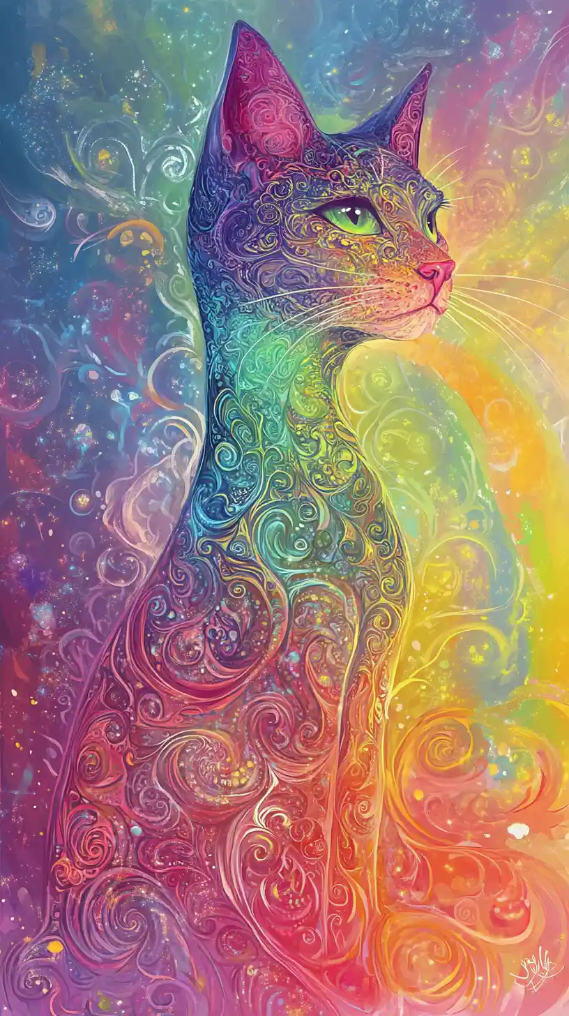 Cartoon cat close up on a rainbow abstract background