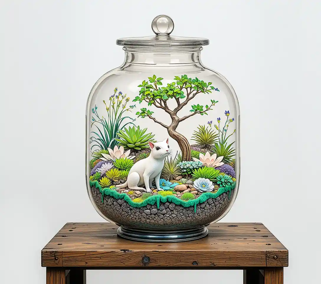 Miniatur-Terrariumgarten in einer klaren Glasflasche