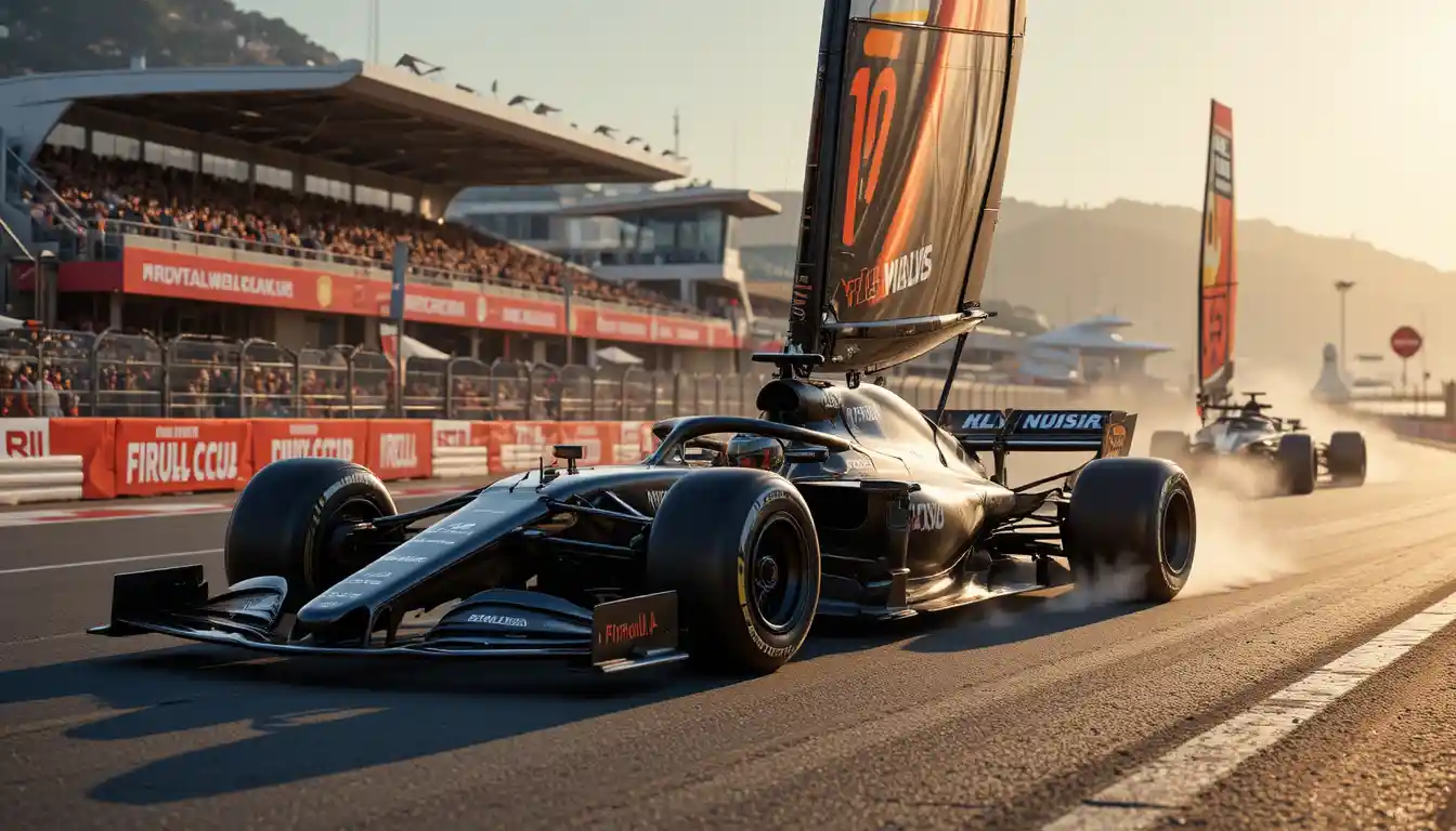 Futuristic formula 1 car with wing sail racing at sunset