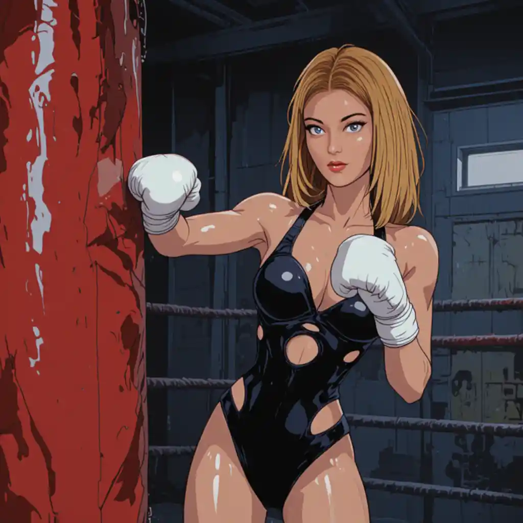 Donna determinata in body nero che si allena con il sacco da boxe