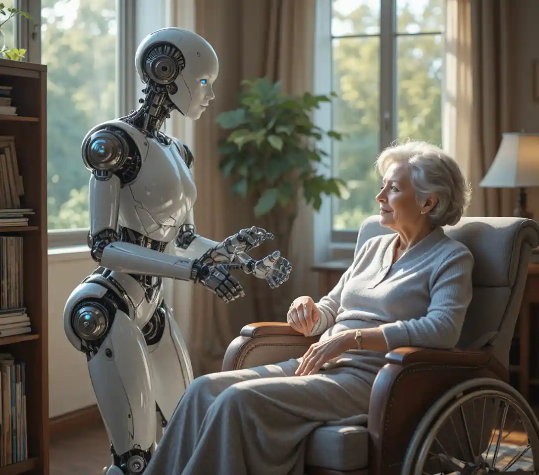 Robot umanoide che spolvera un soggiorno accogliente illuminato dal sole