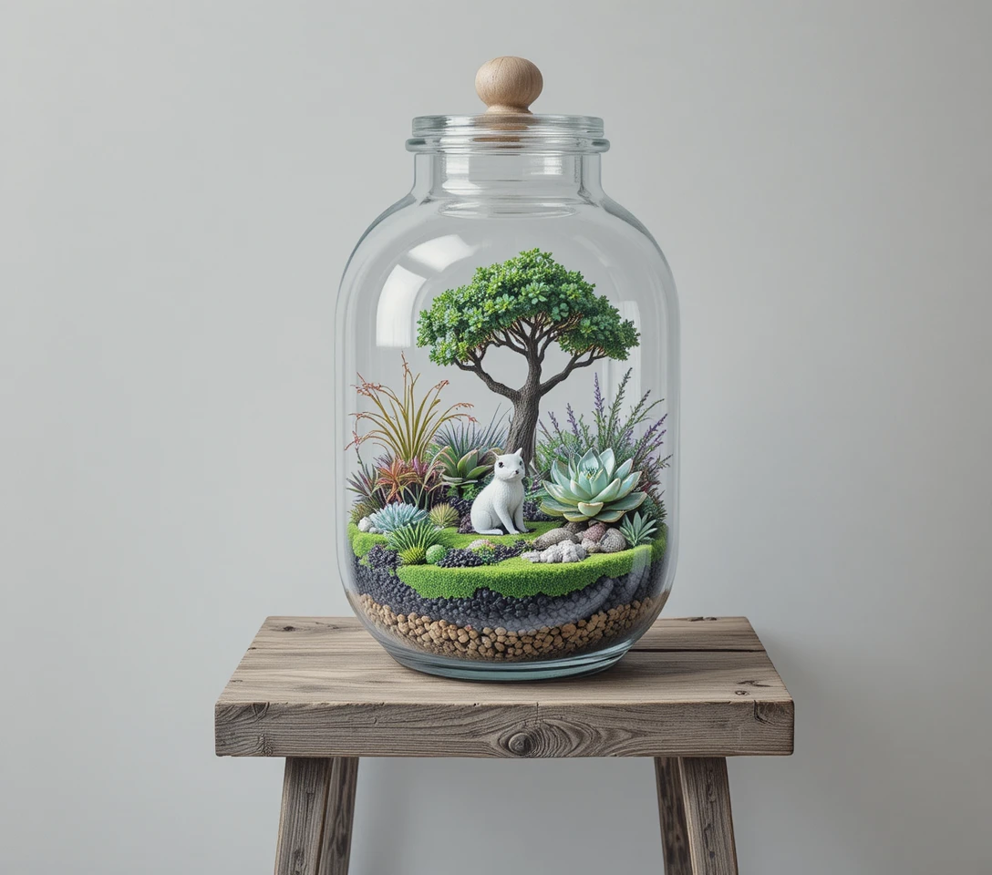 Miniatur-Glasterrarium-Garten mit Sukkulenten und weißer Figur