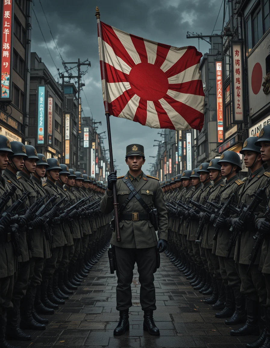 Japanische Soldaten in Formation mit General, der die Schlachtsflagge hält