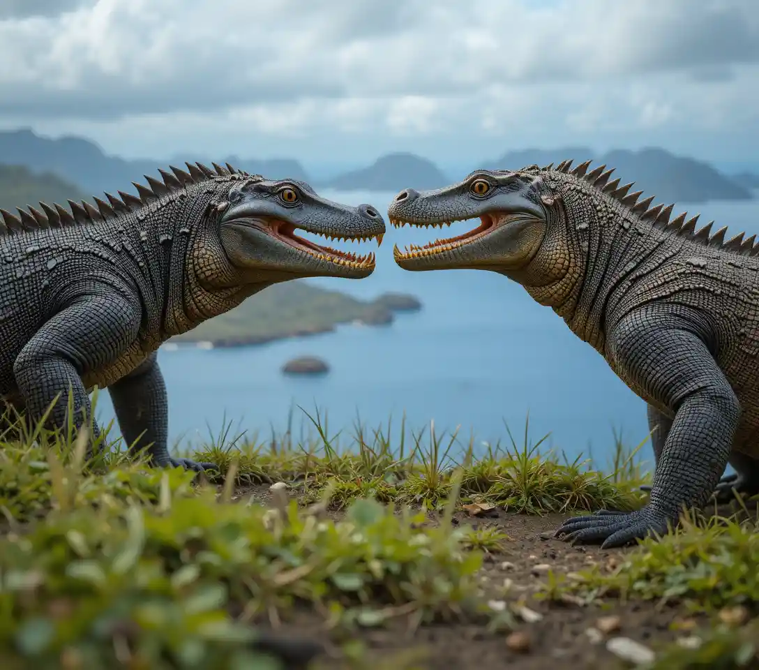 Draghi di Komodo in lotta su una collina costiera erbosa