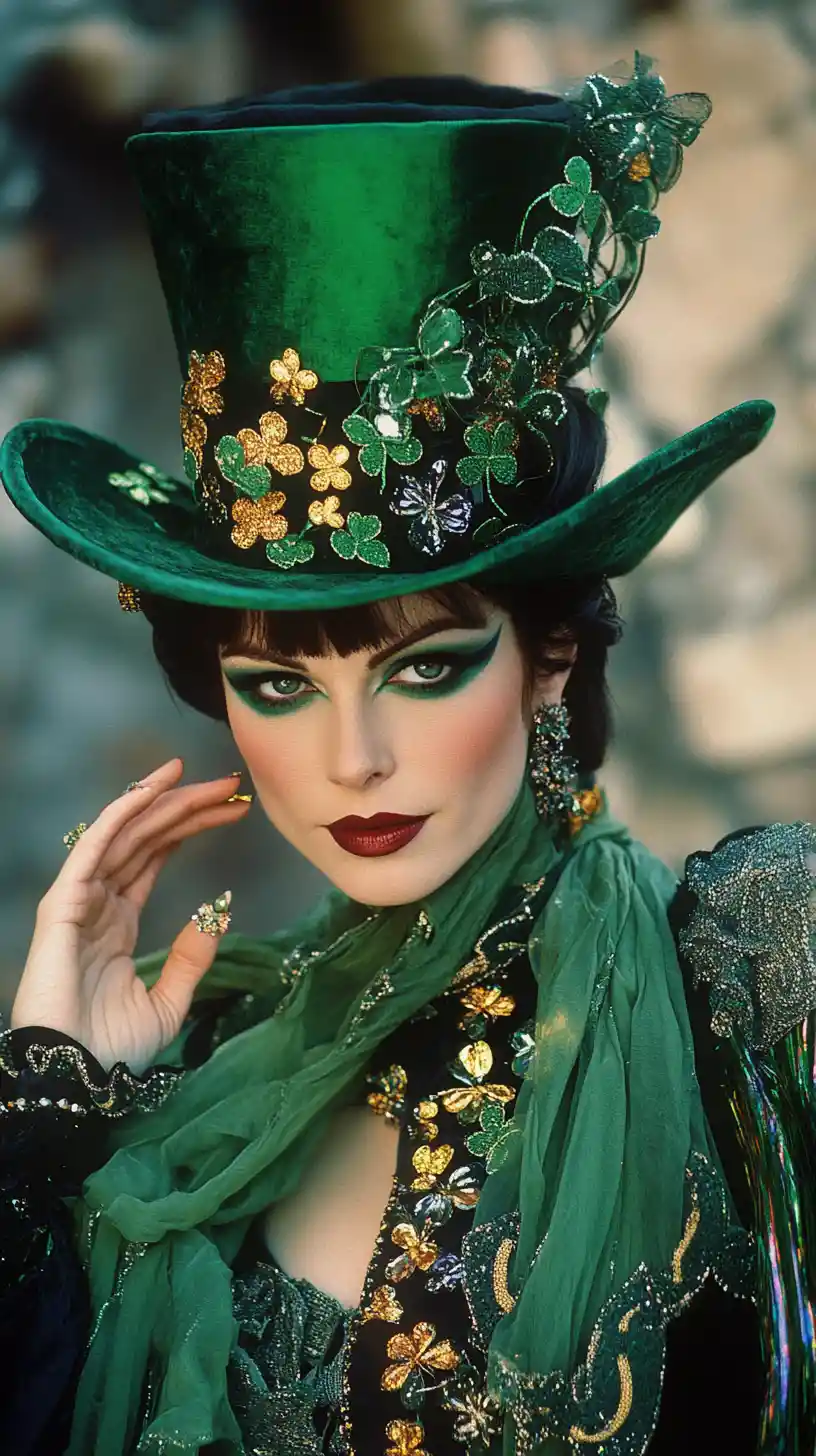 Woman in green top hat with shamrock scarf portrait