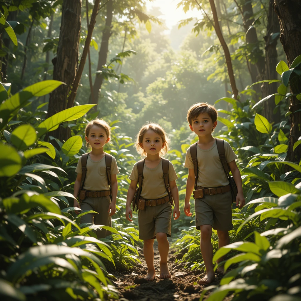 Bambini curiosi esplorano un sentiero verde e rigoglioso nella giungla