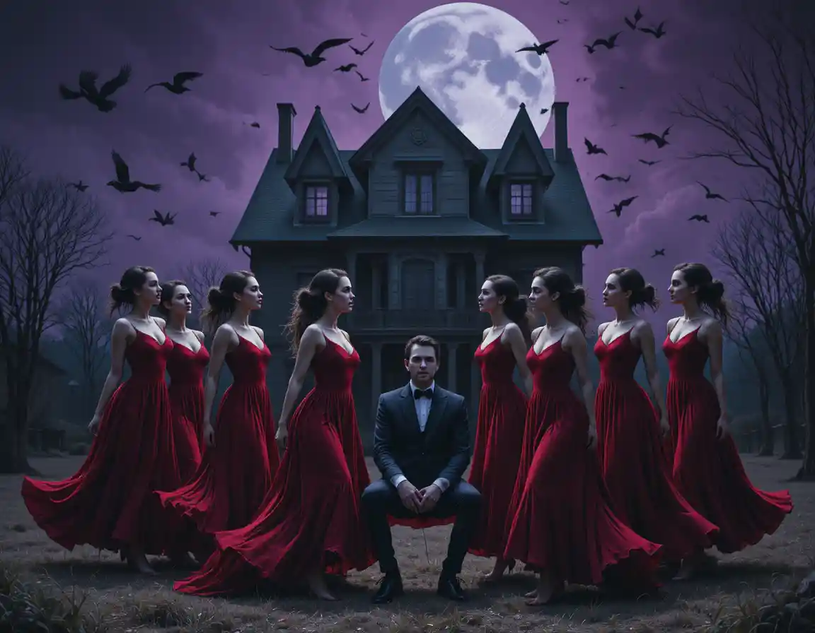 Macabre dancers performing before a looming haunted house