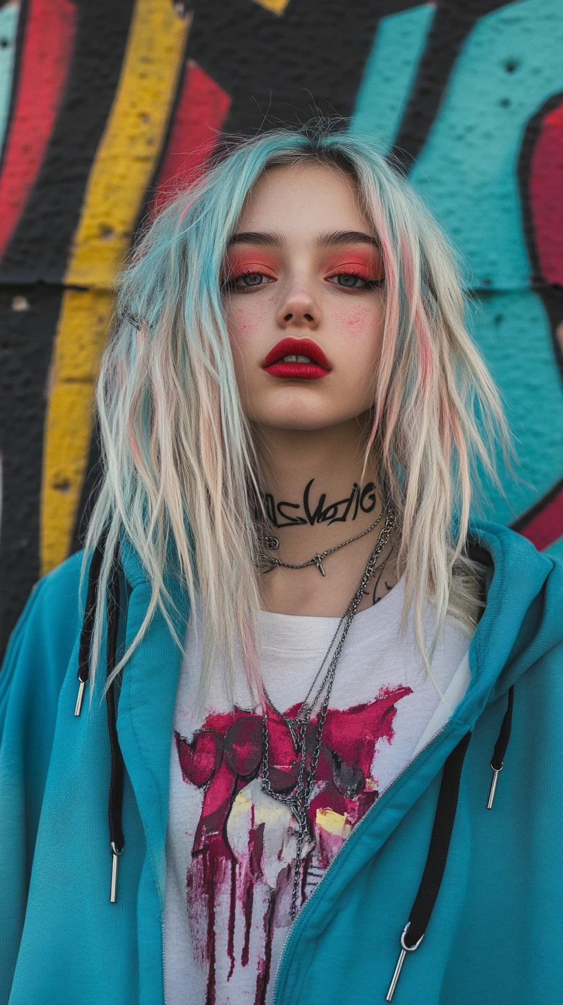 Retrato de chica rubia platino rebelde en arte callejero neón