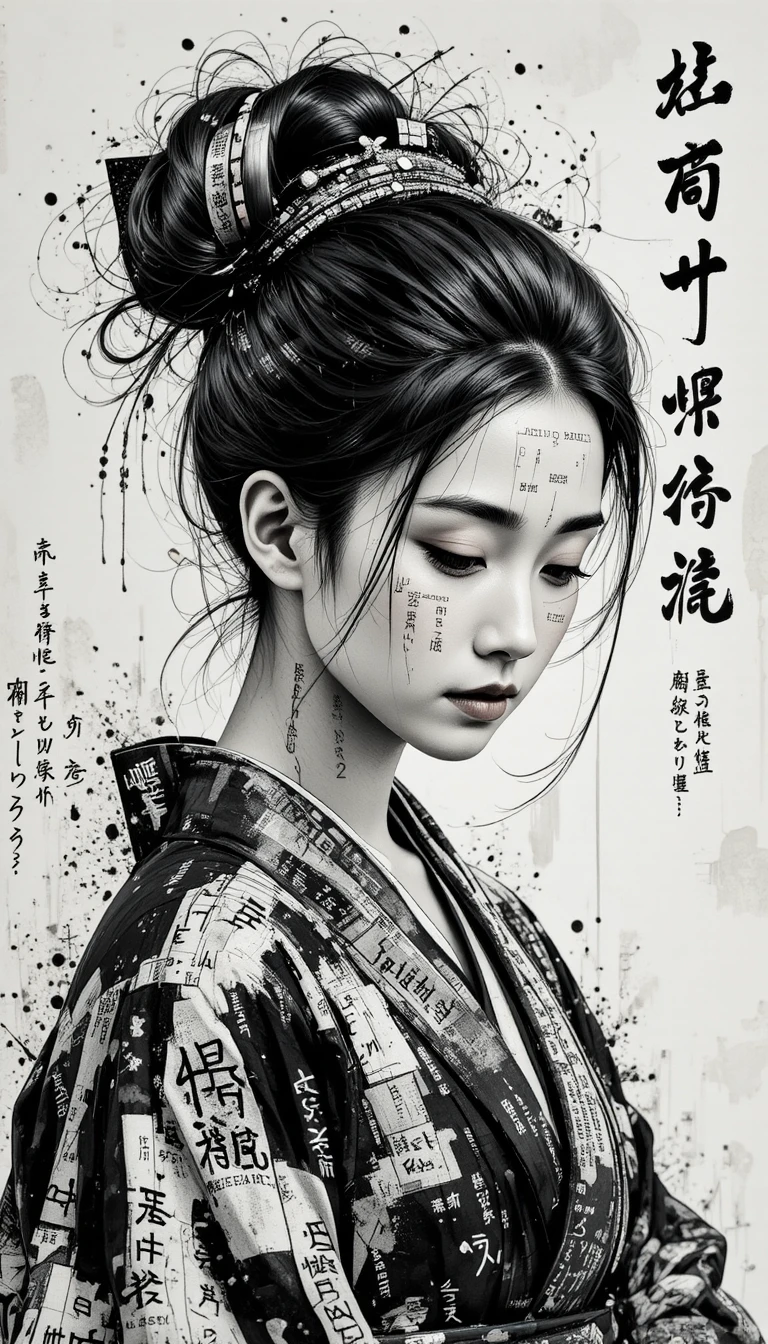 Femme asiatique contemplative en kimono avec calligraphie superposée
