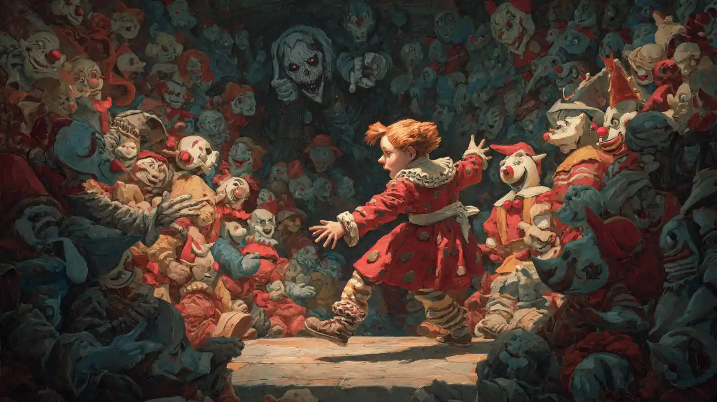Niño rodeado de muñecos de payaso en una habitación barroca surrealista