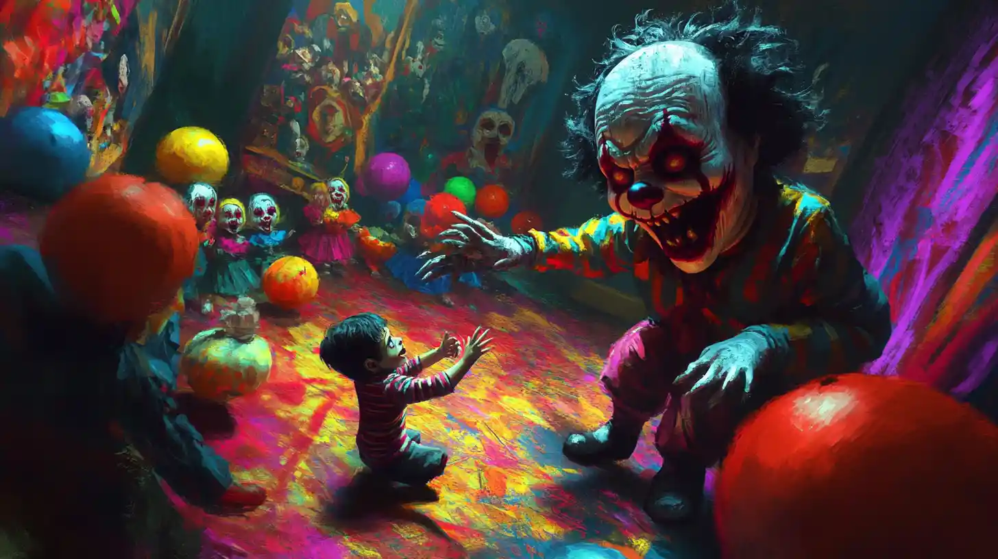 Bambino che gioca tra bambole di clown in una scena horror barocca