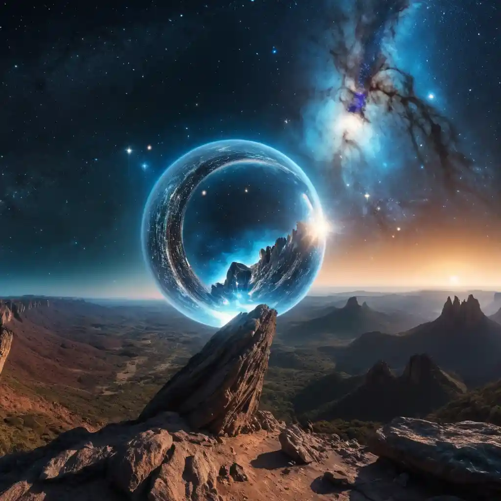 Cielo blu incrinato che rivela un universo cosmico dietro la realtà