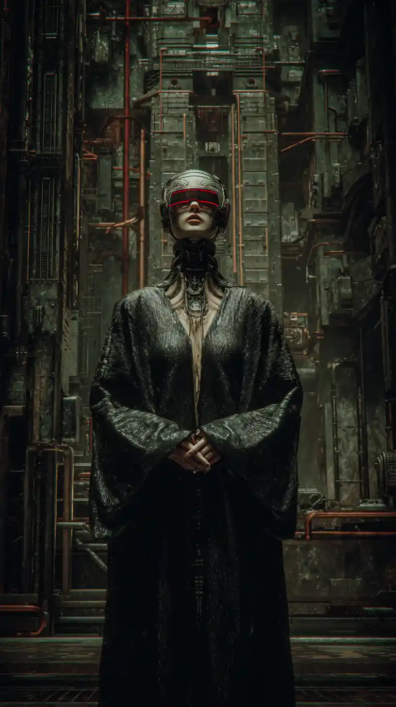 Mulher futurista cyberpunk em uma cidade industrial sombria