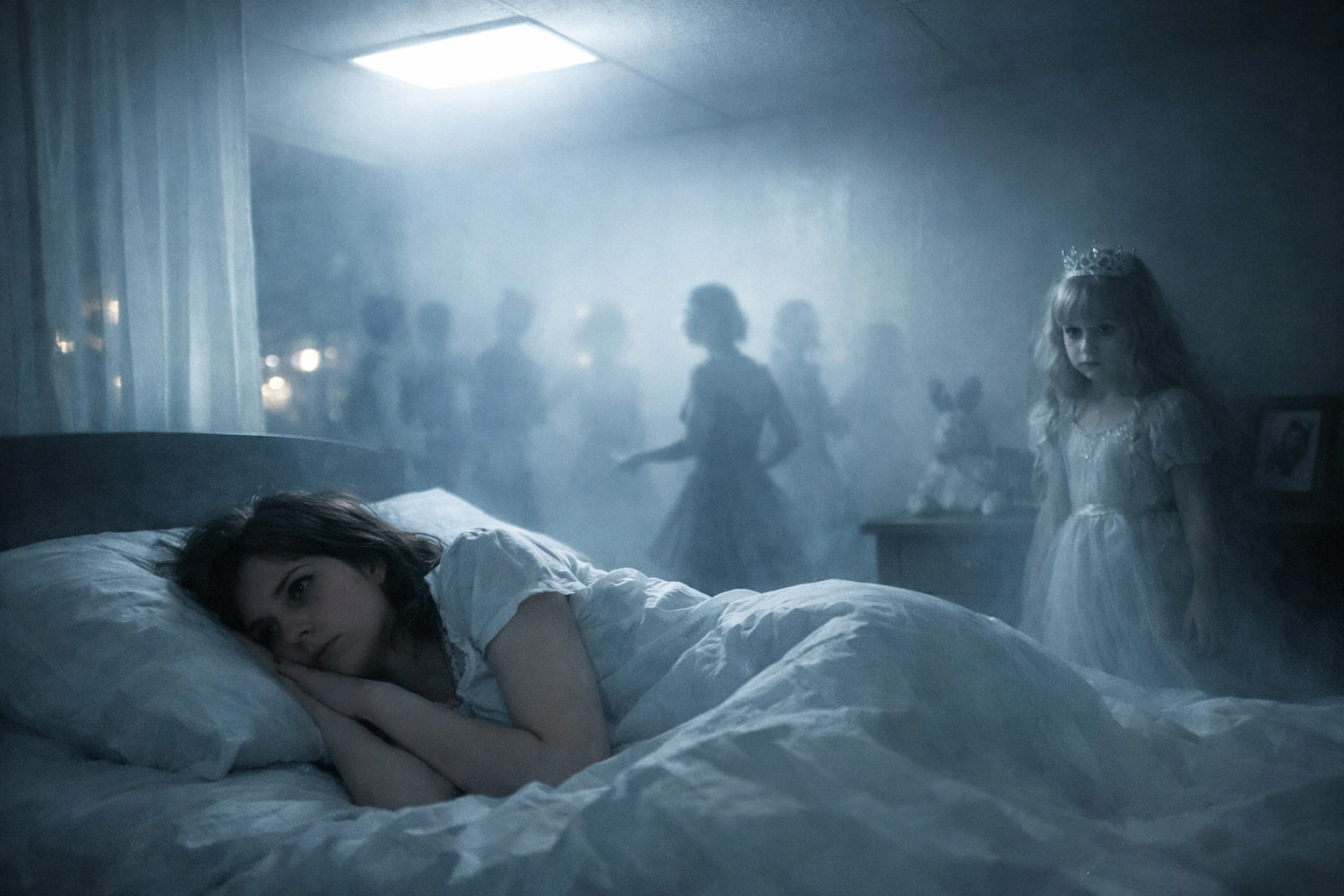 Girl lying awake in a bright bedroom at night