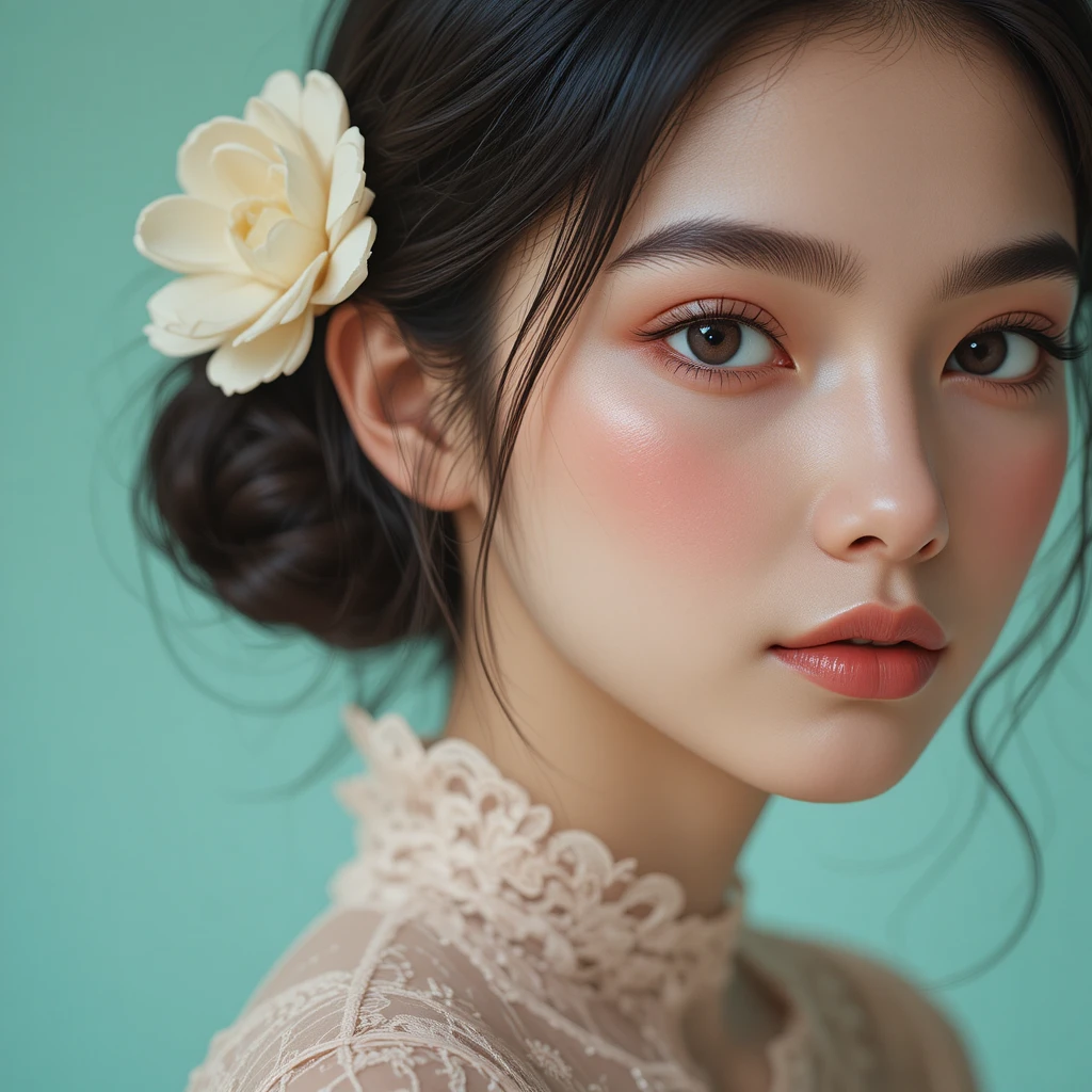 Soft portrait of a young woman in floral lace