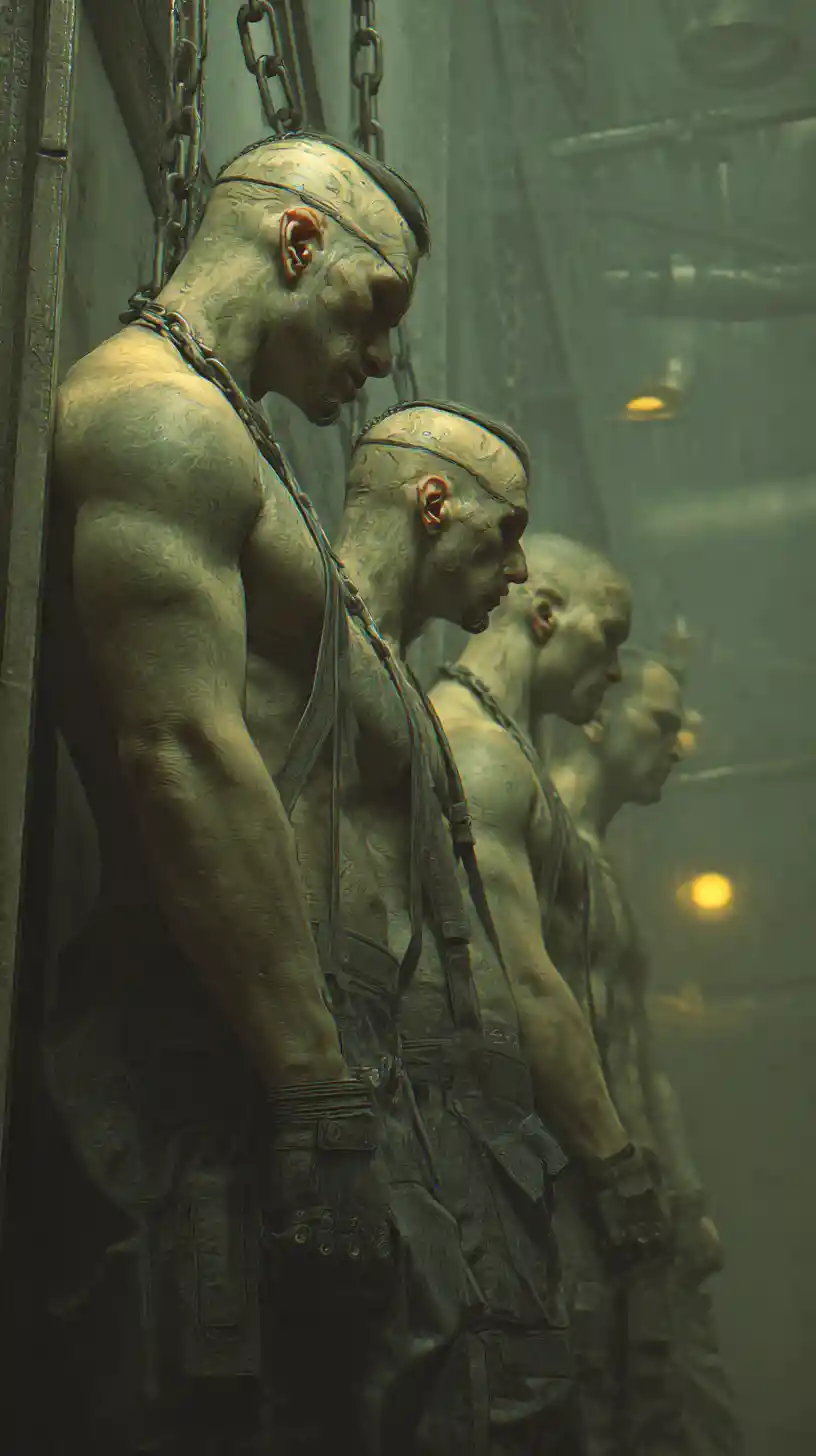 Close up of chained slaves inside an industrial steel prison