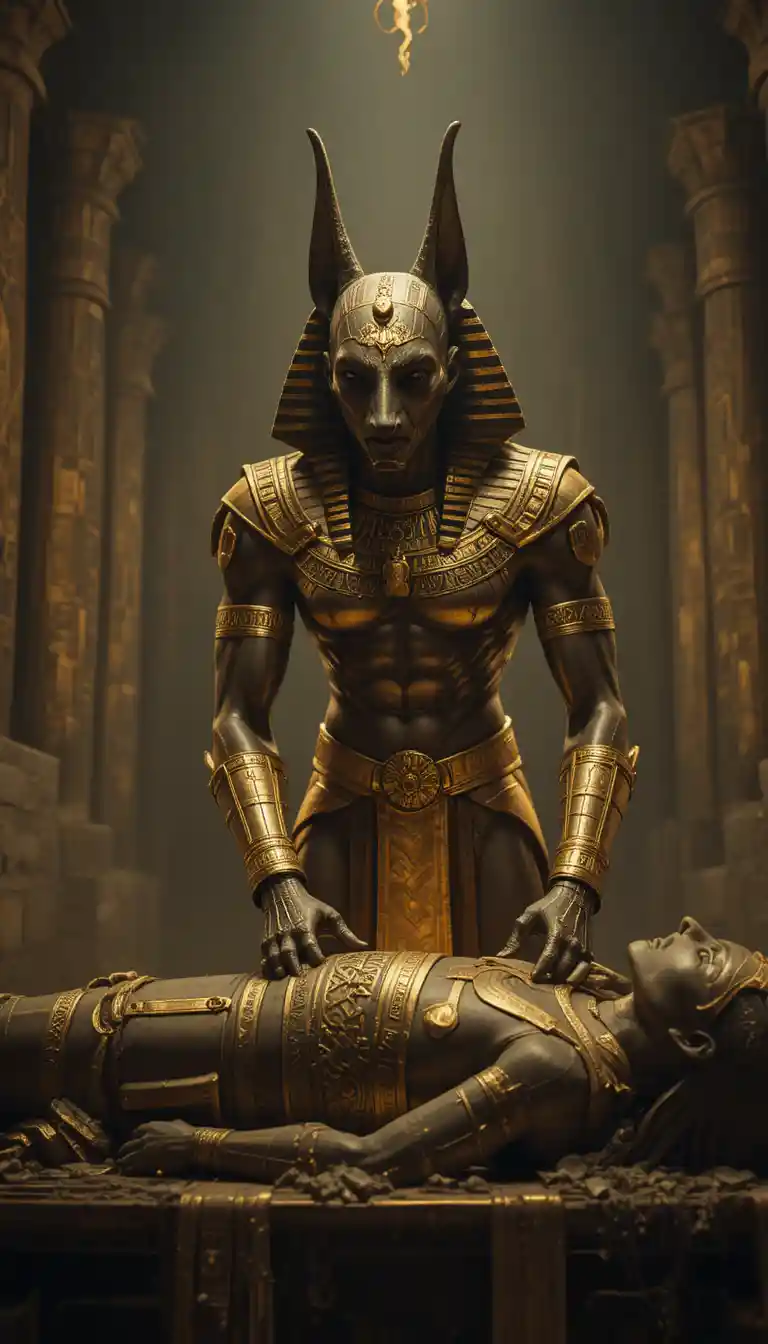 Anubis like jackal guardian performing sacred mummy ritual
