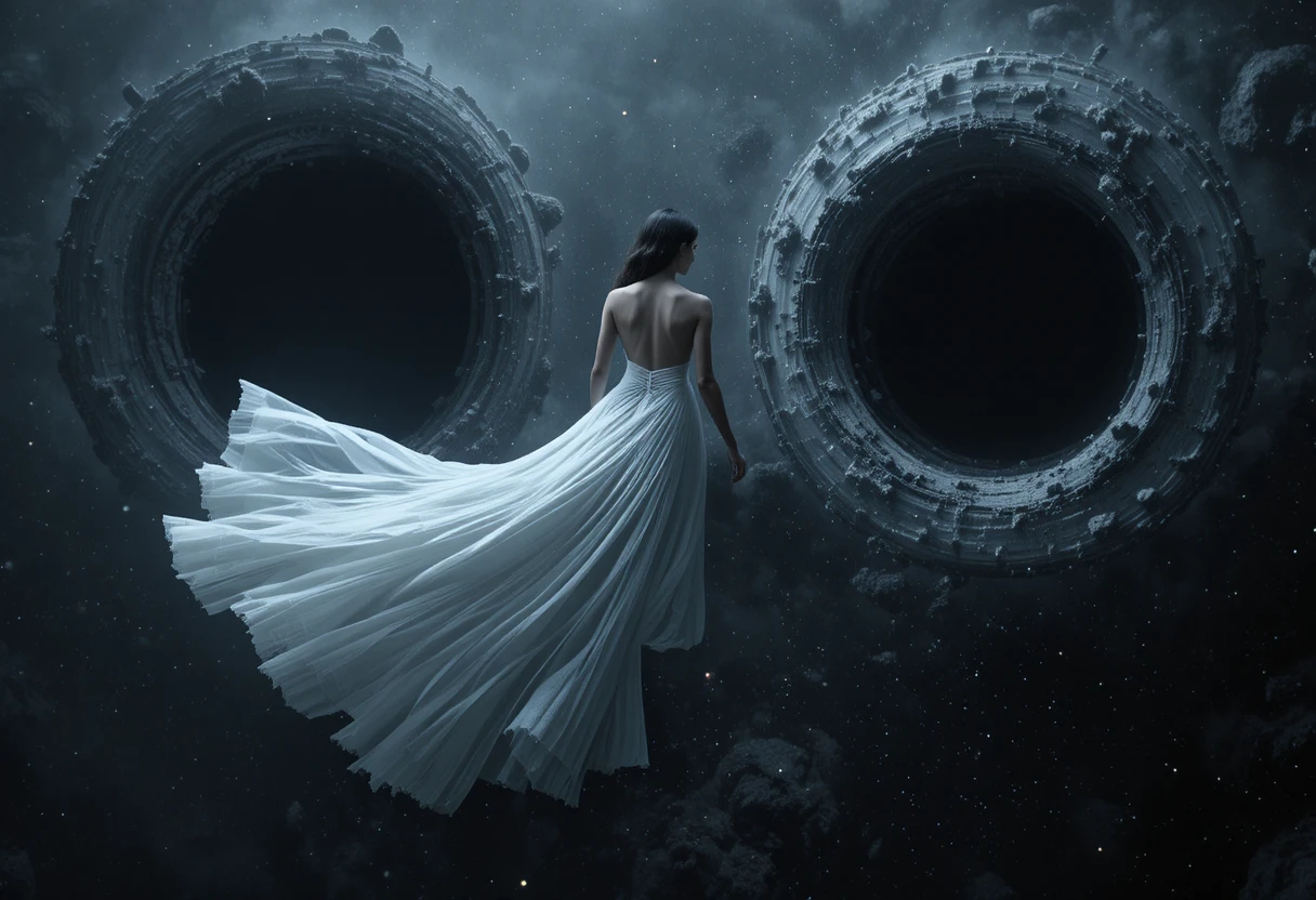 Donna eterea che fluttua in una oscura distesa cosmica