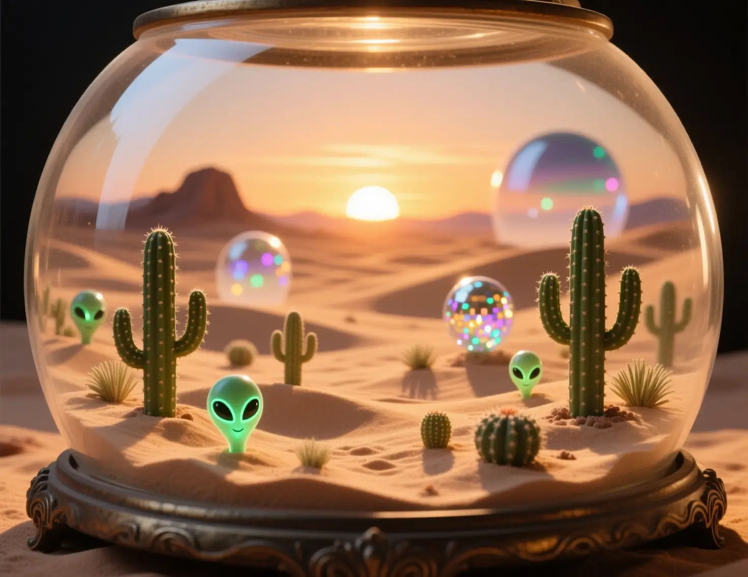 Terrario desertico in miniatura che brilla sotto un tramonto surreale