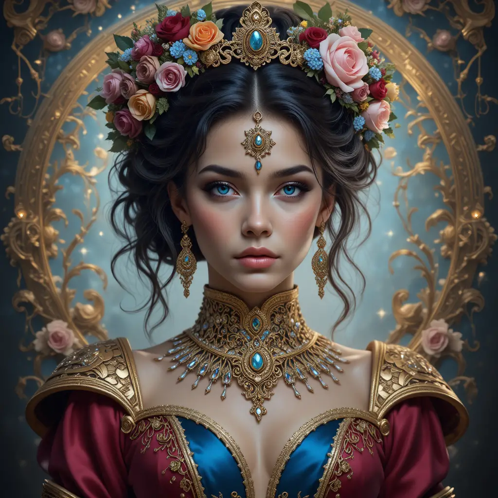 Fantasy girl with floral crown and ornate golden jewelry