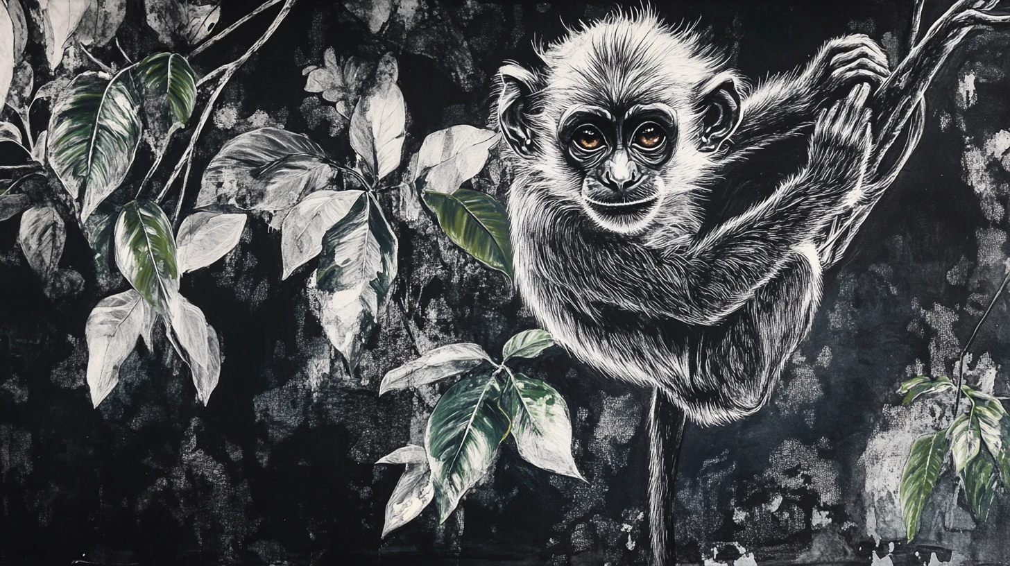 Singe au fusain sur une branche de forêt avec accents verts lumineux