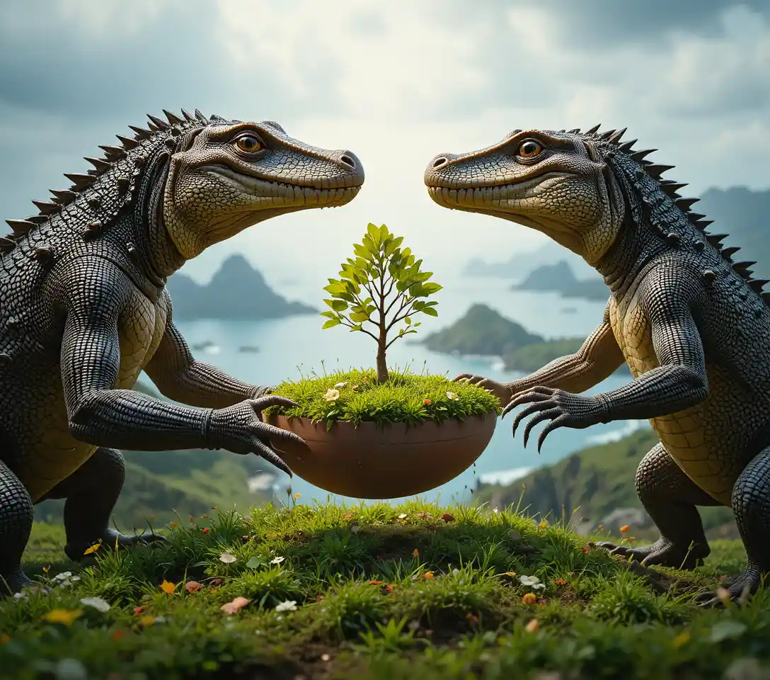 Hands holding a small green island with a young tree