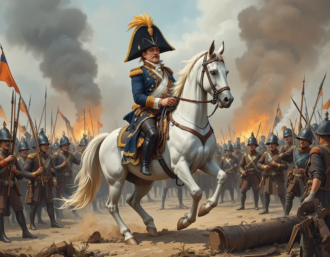 Napoleon on a white warhorse leading troops across battlefield