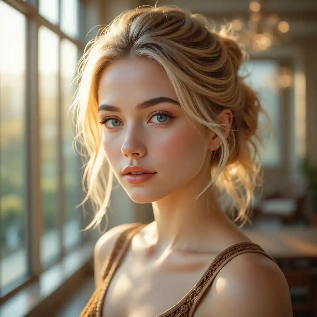 Serene blonde girl portrait in warm window light